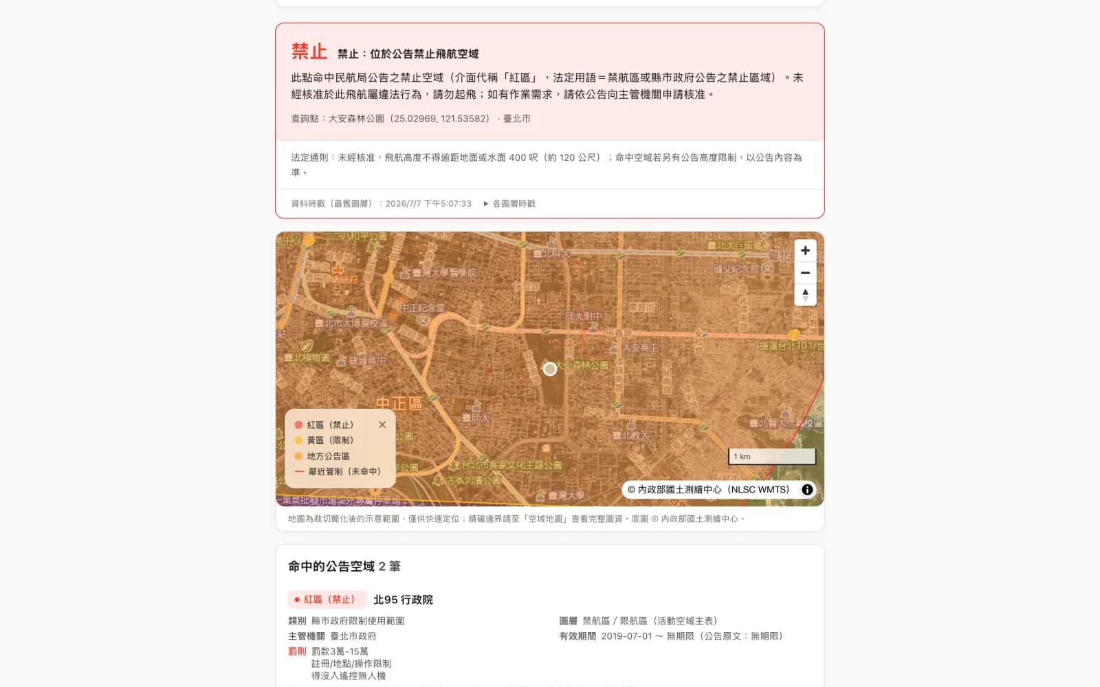 可飛性判定實際畫面：大安森林公園四級制判定結果、法定高度限制與命中空域